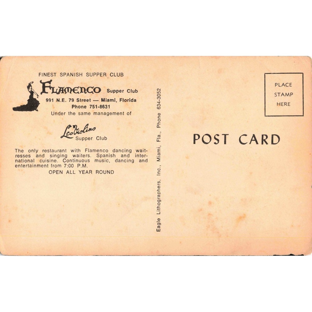 Vintage Flamenco Supper Club Miami Florida Spanish Restaurant Postcard VG - Picture 2 of 2